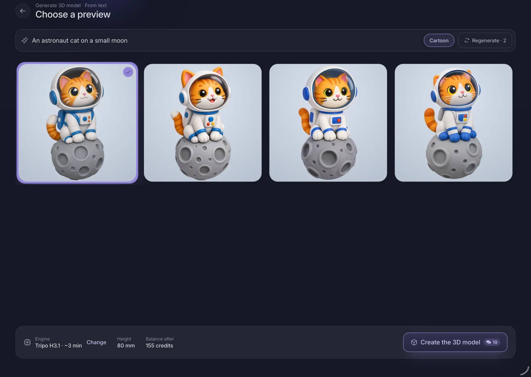 Four previews of an astronaut cat to choose from before generating the 3D model