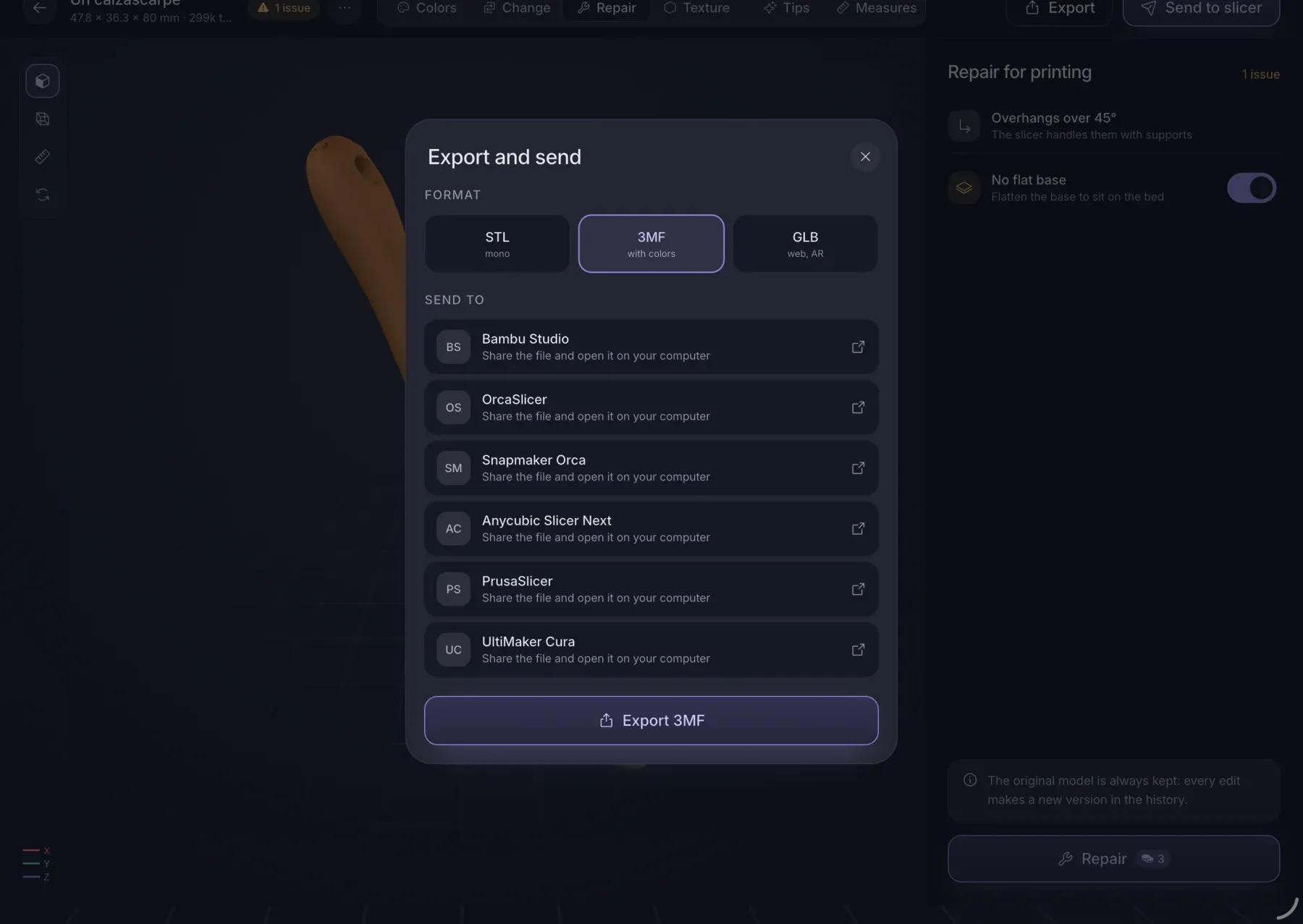 Export dialog with STL, 3MF and GLB formats and the list of slicers