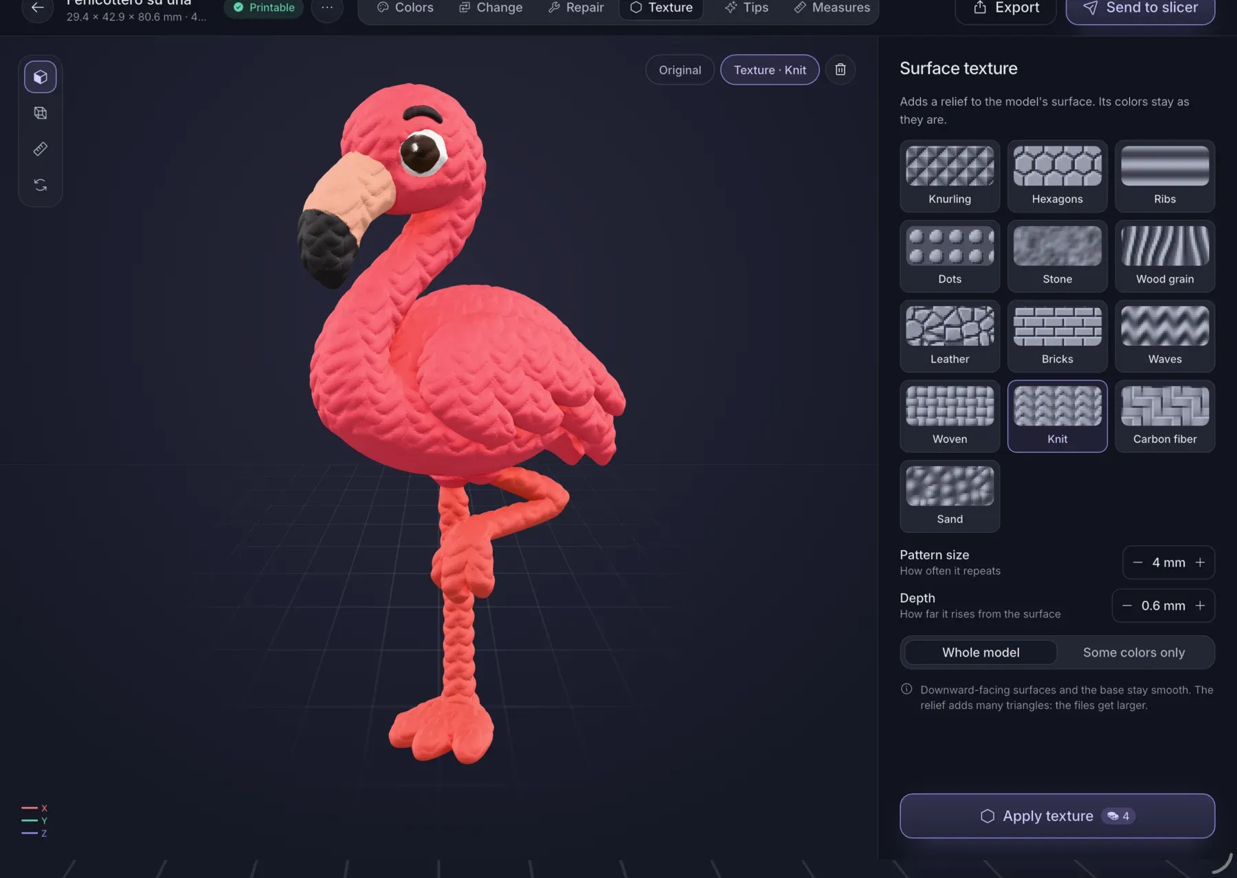 A flamingo with a knit texture and the grid of surface patterns