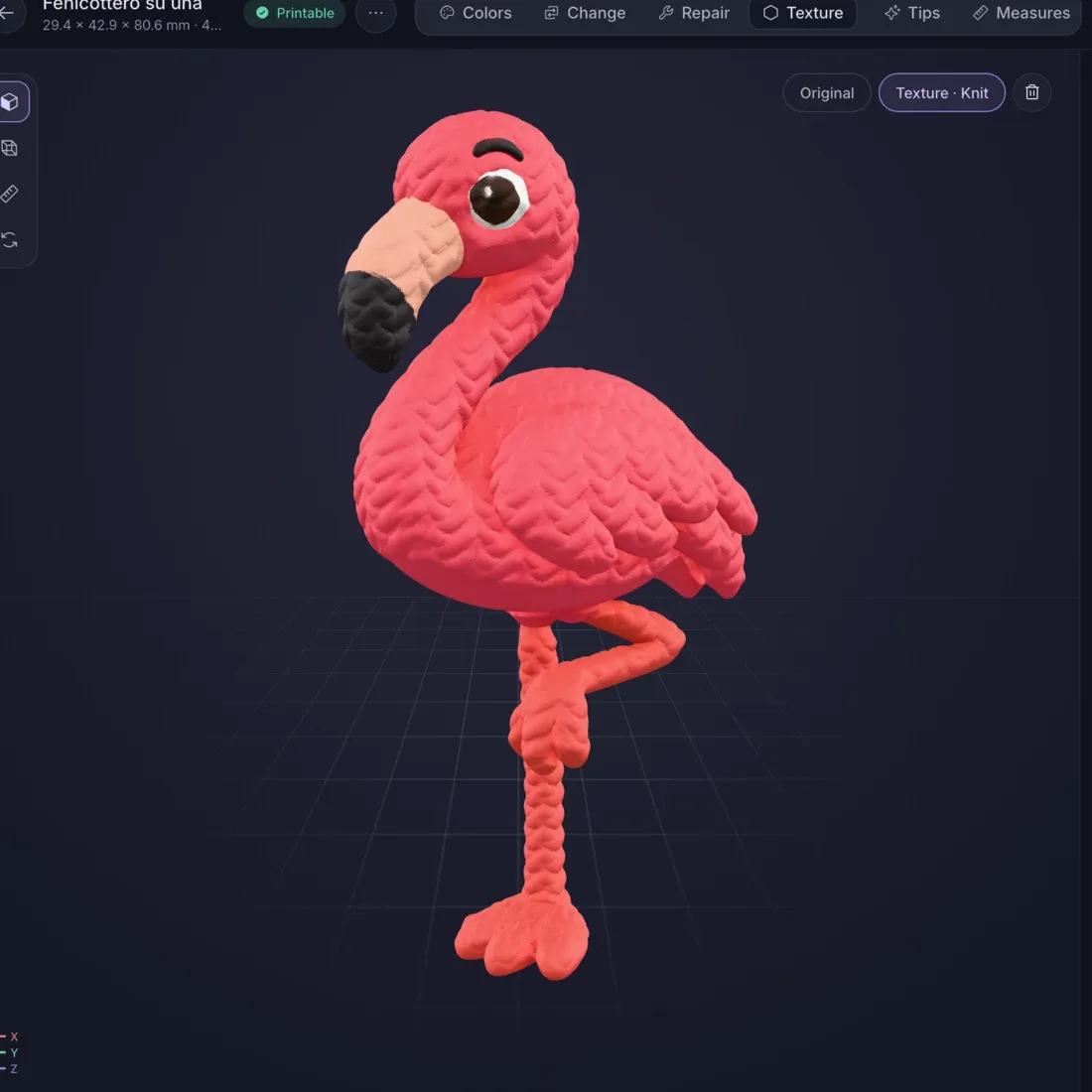 A flamingo 3D model with a raised knit texture